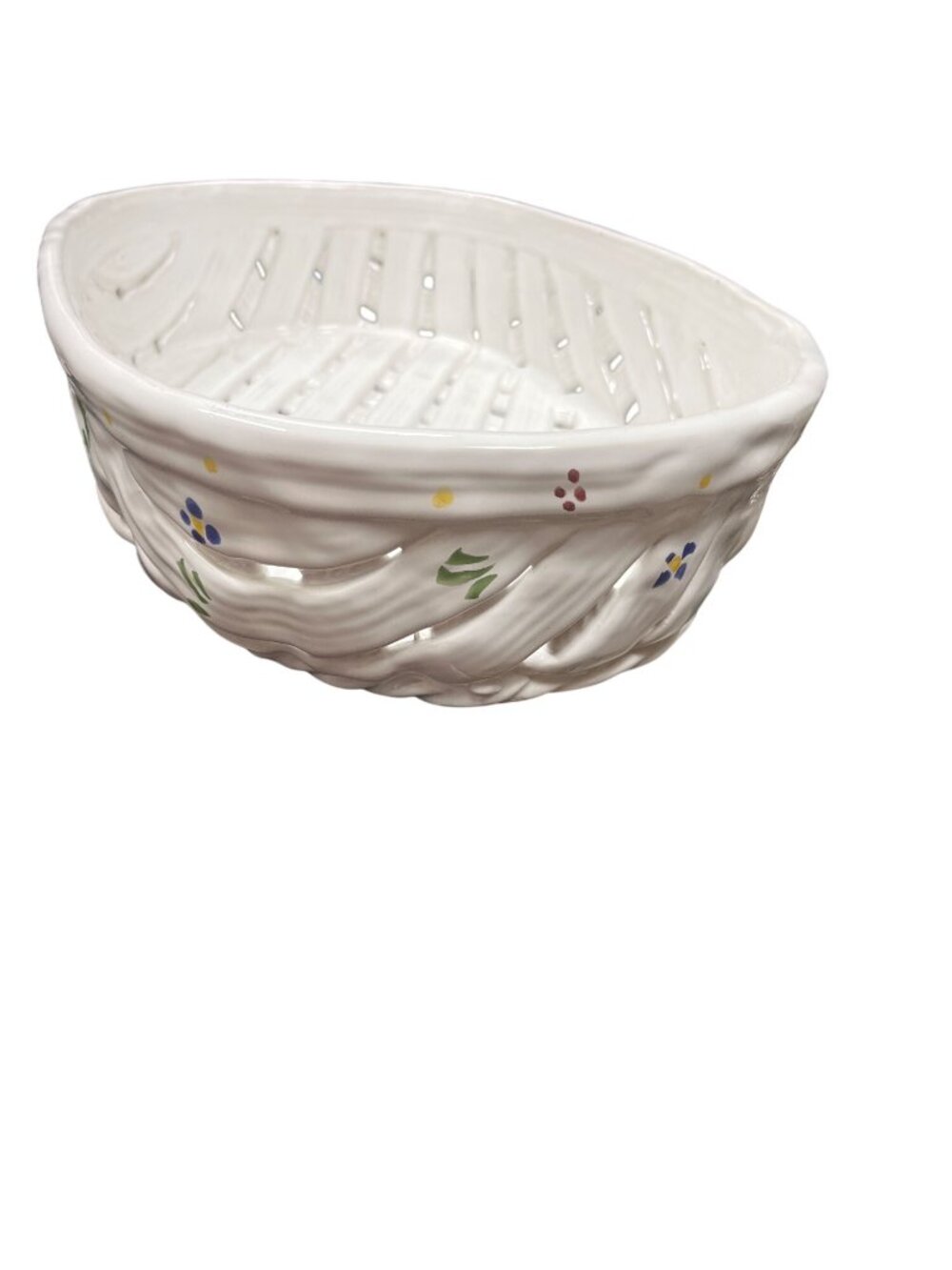 Portugal VTG handmade/painted ceramic weave white blue serve bowl SKU 10-292